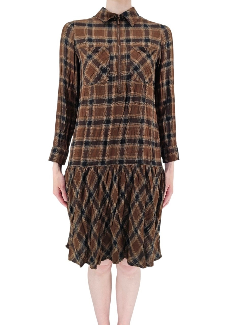 Soft Surroundings Plaid Drop Waist Dress Small Brown Zip Front Long Sleeve
